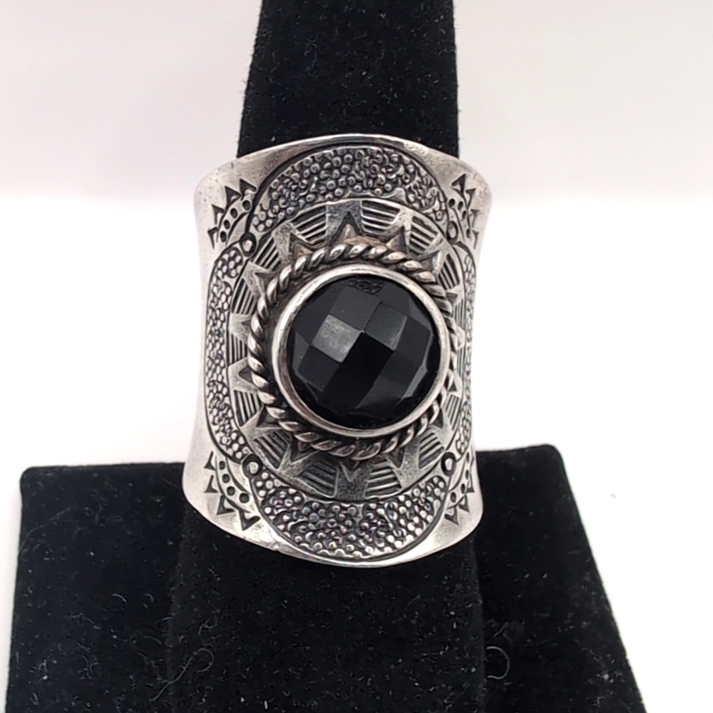 Vintage NF 925 Sterling Silver Faceted Black Stone Hematite Thai Thailand Ring